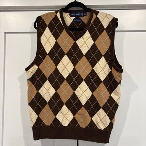 Polo Golf Ralph Lauren Mens Medium Sweater Vest Brown Argyle Plaid Merino Wool